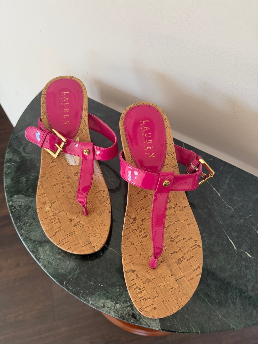 LAUREN Ralph Lauren Hot Pink Patent Cork Thong Sandals
